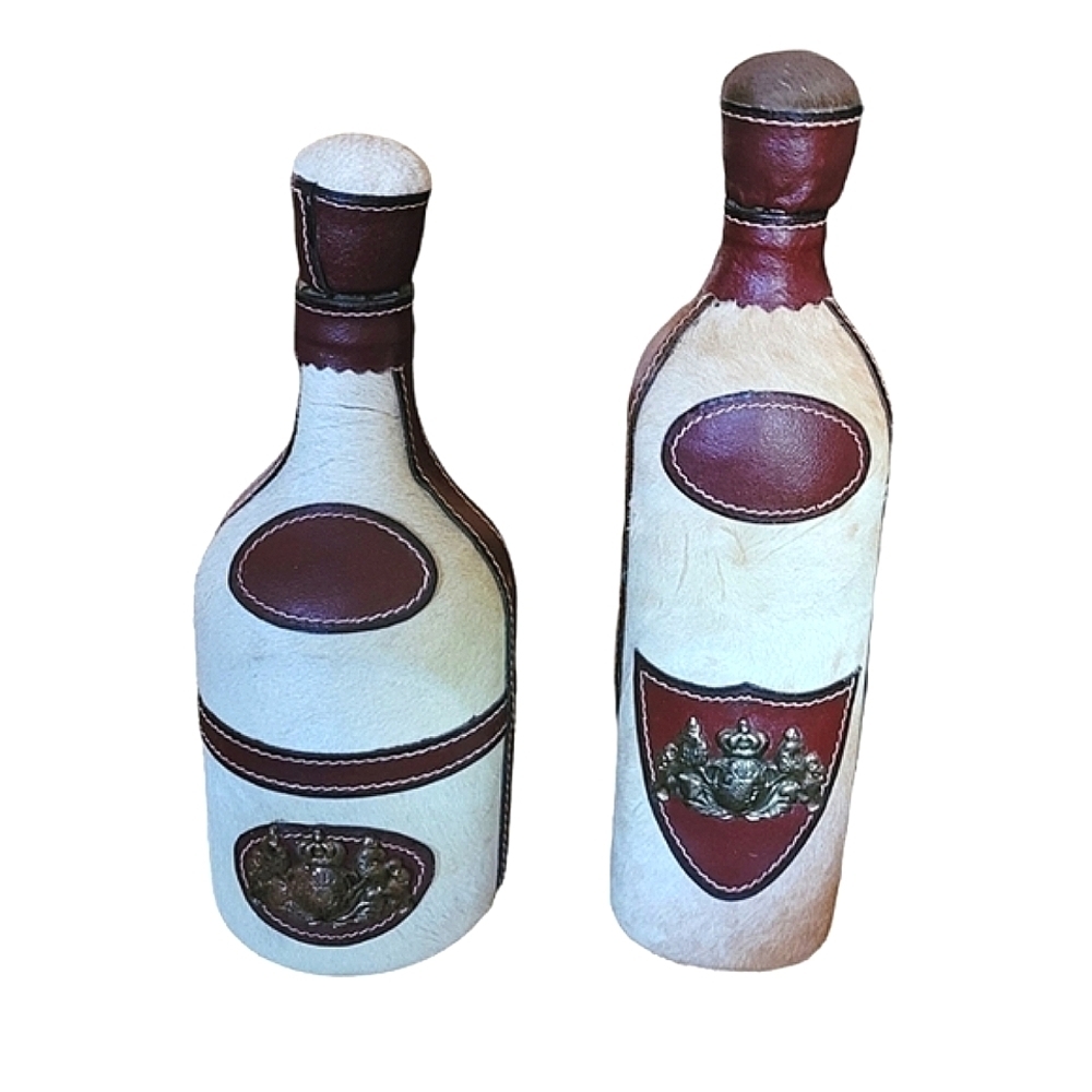 Vintage - Mexican Leather Wrapped Calf Hair Glass Bottle Decanter Set‎ of 2